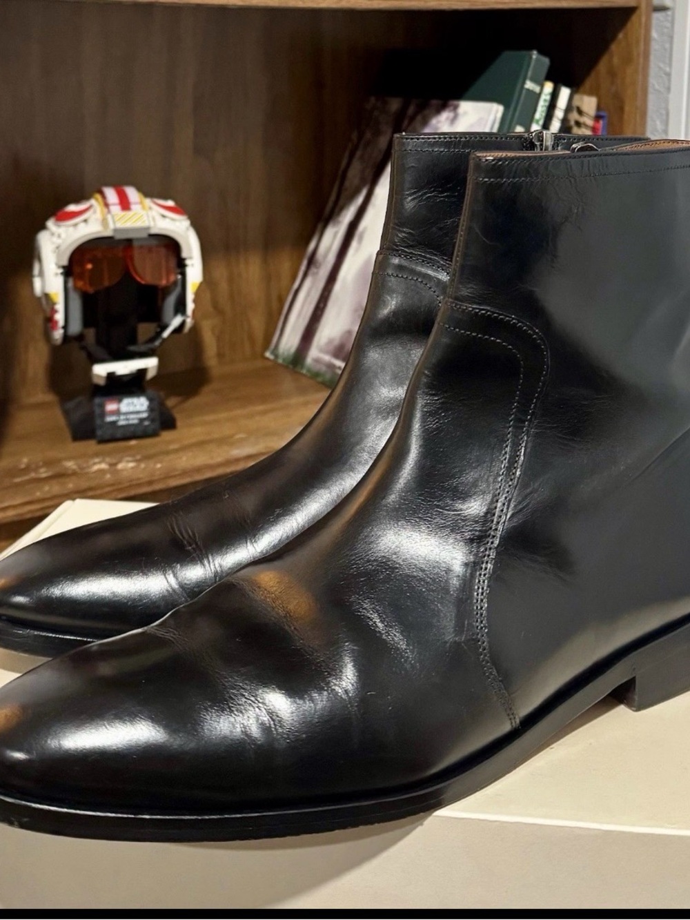 Allen Edmonds Shiny Black Leather Ankle Boots with Side Zip